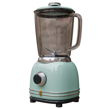 A retro mint green blender with a glass jug, matching lid, steel blades and a chrome speed dial isolated on white, transparent