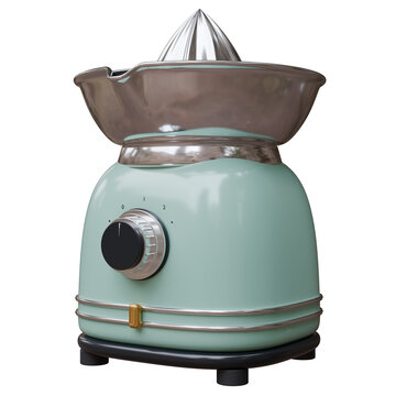 A mint green electric citrus juicer with metal bowl and a rotary dial isolated on white transparent
