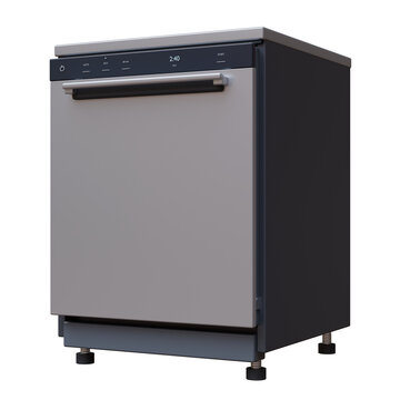 A dishwasher with digital controls and a bar handle, kitchen appliance front view, isolated on white transparent