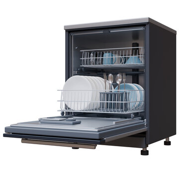 An open door dishwasher with plates, mugs and silver cutlery, kitchen appliance isolated on white transparent