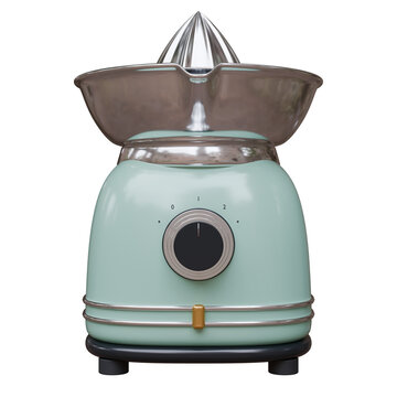 A mint green electric citrus juicer with metal bowl and a rotary dial isolated on white transparent