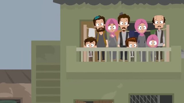 Diverse cartoon family standing together looking worried and shocked while watching something from their balcony railing