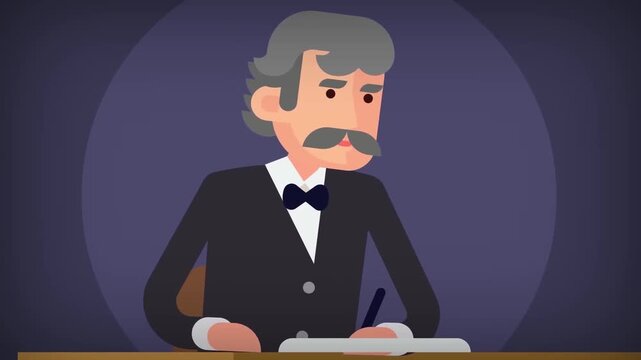 Elderly author with mustache writing carefully in a journal at wooden desk against dark background