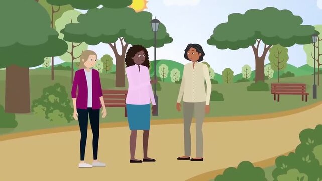Three diverse women talking together happily along a scenic pathway inside a lush green park environment outdoors