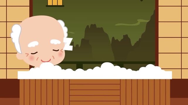 Cute elderly man smiling while sleeping peacefully inside a warm bubbly wooden bathtub during relaxation time