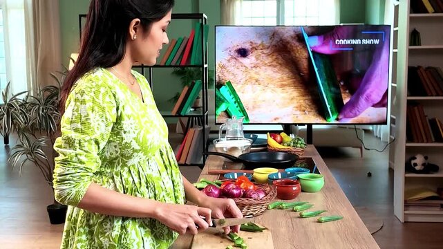 Young Indian woman chopping fresh okra in a modern kitchen while watching a cooking recipe on TV, home cooking, food preparation and healthy lifestyle concept.