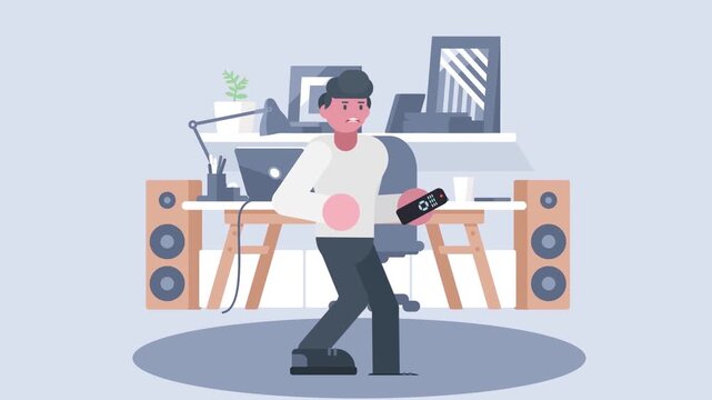 Stressed young man holding remote control and shaking with frustration inside a modern home office space