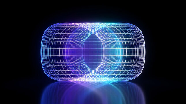 Abstract glowing blue and purple wireframe grid object with a rounded rectangular shape on a dark background