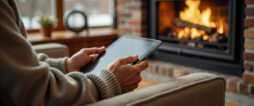 Individual operating a digital pad to adjust burning logs inside a comfortable dwelling for home improvement articles, tech showcases, and relaxation guides