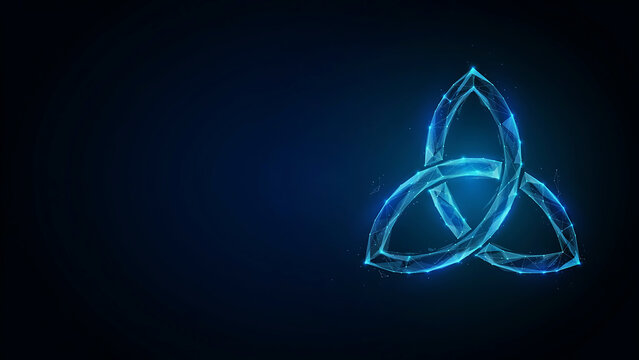 Abstract glowing triquetra symbol designed with connected lines and digital dots representing a modern sacred geometric pattern