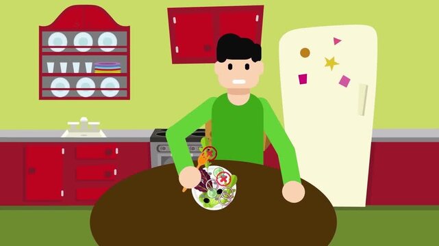Smiling man eating fresh green vegetable salad at kitchen table in flat vector style illustration