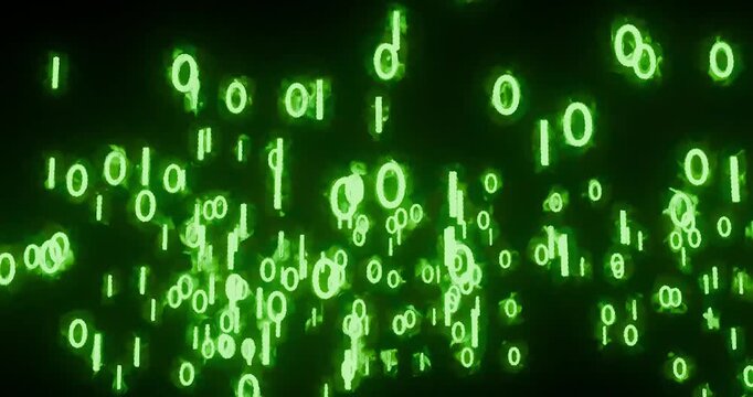 Falling glowing green binary digits zero and one floating in dark space digital code matrix stream programming cybersecurity computer data flow technology futuristic digital background