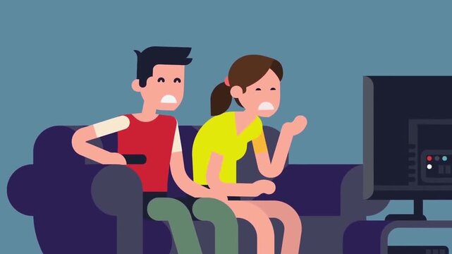 Scared young couple watching scary movie on television while sitting together on comfortable sofa inside living room