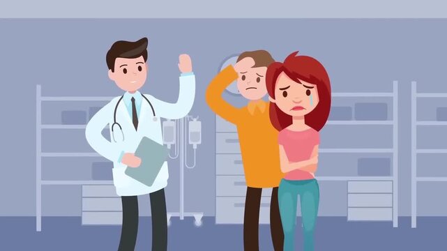 Professional doctor in white coat talking to worried sad patients in hospital room setting