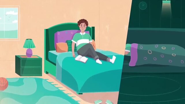 Young boy relaxing on comfortable bed in cozy bedroom reading book before falling asleep peacefully at night