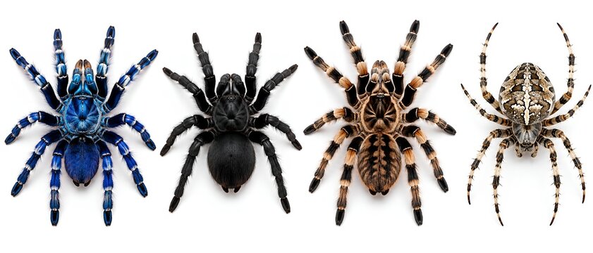 Diverse spider species array featuring blue tarantula and orb weaver isolated on white background.
