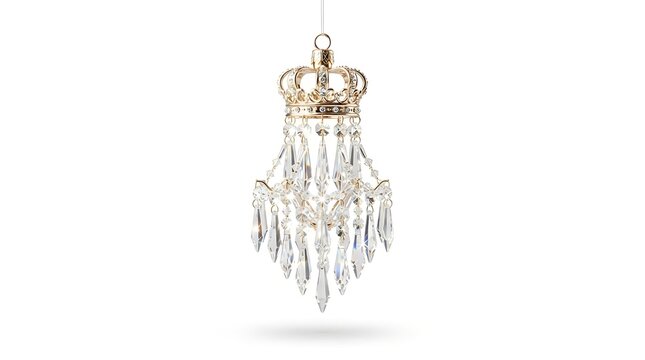 Crystal chandelier ornament with a golden crown top isolated on white background
