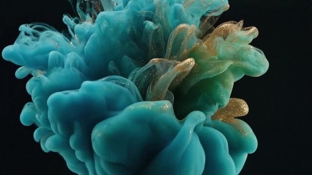 Abstract plumes of teal blue and metallic gold acrylic ink swirling and mixing in water against a solid black background, creating elegant fluid shapes and textures.
