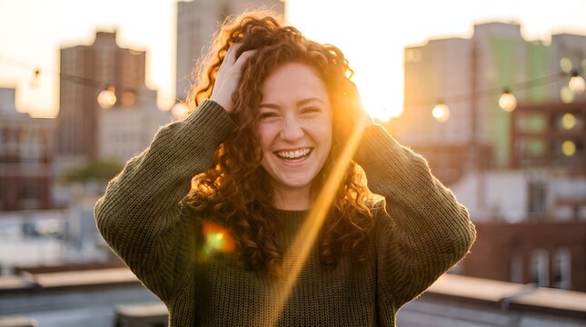 Woman smiling with hands behind head during sunset cityscape with