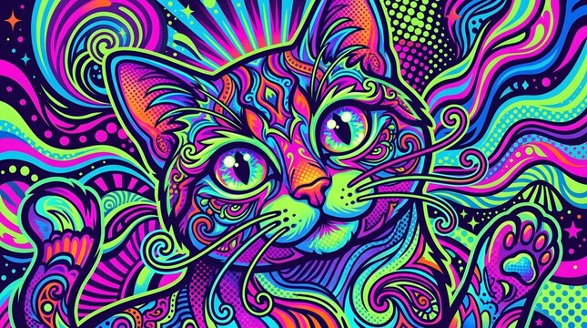 Colorful psychedelic cat illustration with vibrant abstract patterns