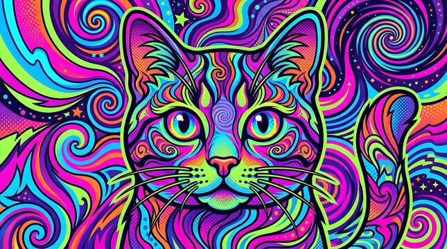 Colorful psychedelic cat illustration with vibrant swirling patterns
