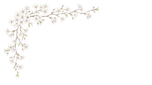 Cherry blossom branch corner border isolated on transparent background