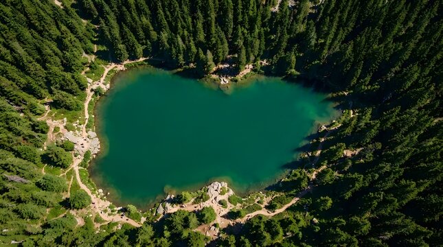 Aerial view of heart-shaped forest lake surrounded by lush greenery
