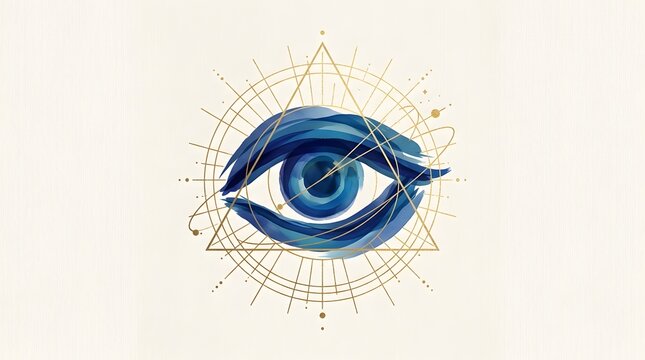 Abstract eye with geometric patterns and blue brushstrokes