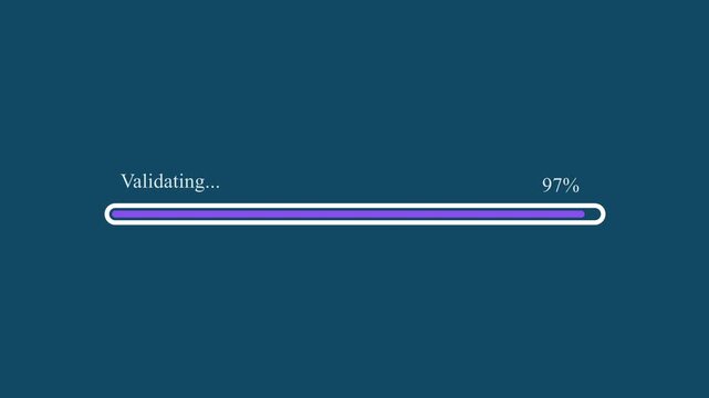 Motion graphic of purple validating progress bar reaching 97 percentage completion on dark blue background, depicting data validation, system verification, and authentication status.
