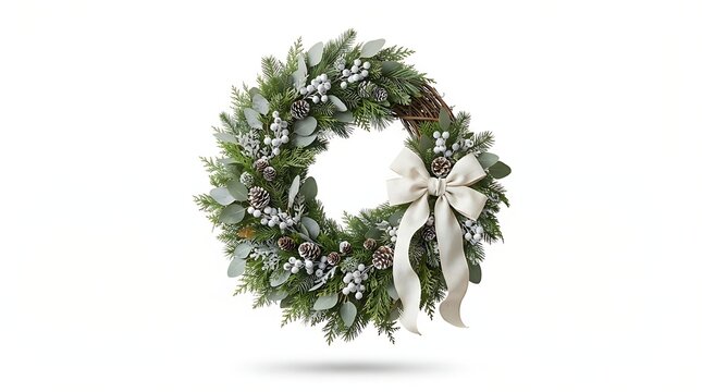 Christmas wreath with pine cones and white berries isolated on white background