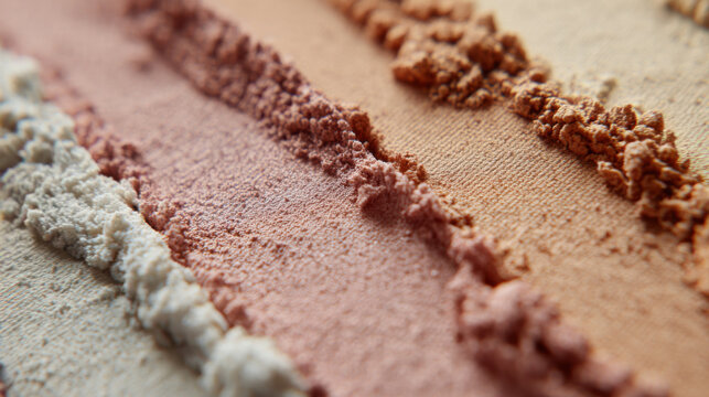 Macro close-up of crushed cosmetic powder and pigment in earth tones, abstract texture background. Beauty, cosmetics, skincare, art, and creative background concepts.
