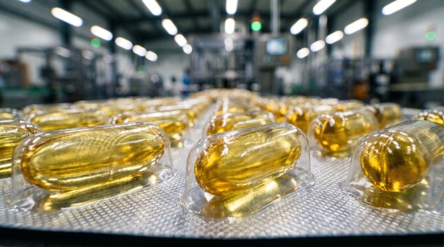 Golden gel capsules moving along conveyor in pharmaceutical manufacturing plant. Automated production line for supplements and medicine. Industrial processing, healthcare and quality control