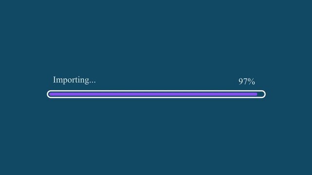 Motion graphic of purple importing progress bar reaching 97 percentage completion on dark blue background, depicting data import and file migration status.
