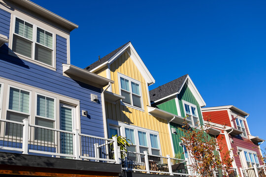 Colorful modern townhomes representing urban suburban architecture