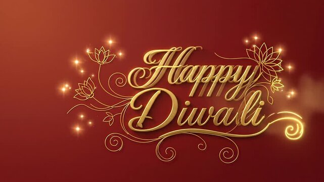 Golden greeting text animation on dark red background with lotus art