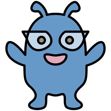 Cute kawaii blue nerd alien monster waving character flat outline