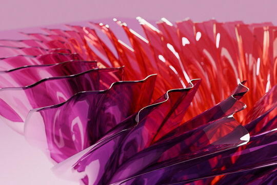 Side view of corrugated 3D sheets in pink and crimson