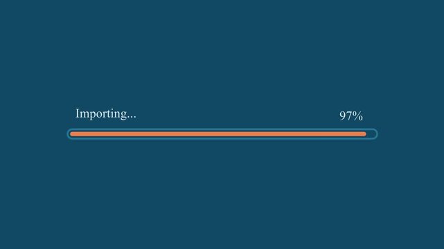 Motion graphic of orange importing progress bar reaching 97 percentage completion on dark blue background, depicting data import and file migration status.
