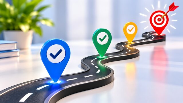 Winding road with checkmark location pins leading to a red target destination representing a business milestone journey