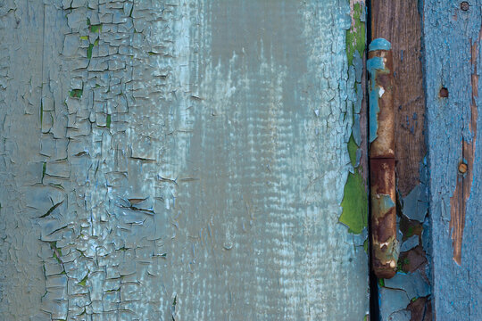 Weathered wooden door texture with rusted metal hinge and peeling blue paint