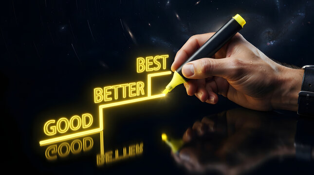 Hand writing best under good on illuminated step diagram with marker