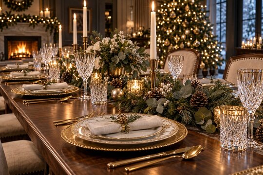 Christmas dinner table set with candles, glassware, evergreen branches, and a decorated tree