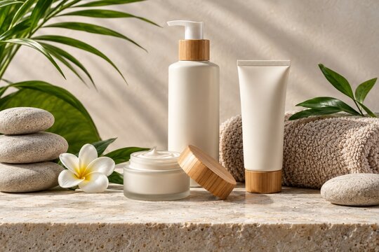 Skincare bottles and cream arranged with stones, flowers, and leaves on a stone surface