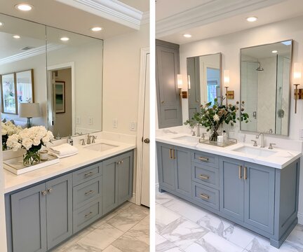 A sophisticated double vanity bathroom with marble flooring and elegant fixtures is beautifully decorated.
