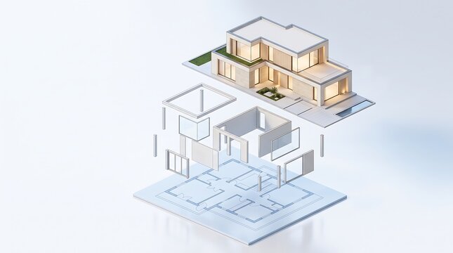 Isometric 3D render of luxury modern house showing exploded view of floor layout and blueprints for residential architectural design and real estate construction planning