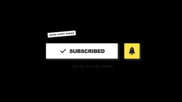 Professional yellow and white animated subscribe button and notification bell overlay with alpha channel for video content creators.