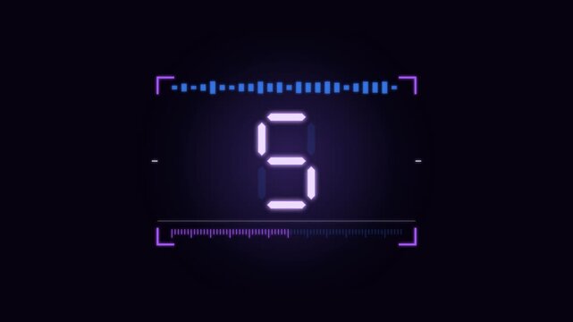 Violet seven-segment display HUD countdown with slice-reveal digits