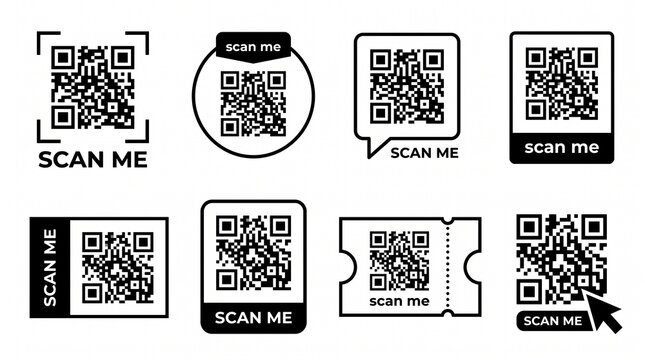 Black QR code frames with scan me label on white background