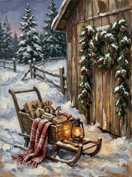 Rustic wooden sled with holiday gifts and lantern beside a cabin
