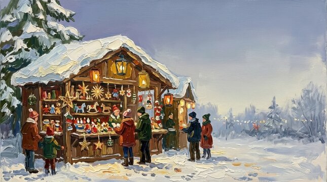Winter holiday market with handcrafted ornaments in snowy landscape